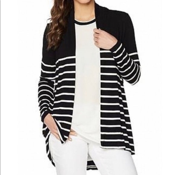 Vince Camuto Petite SMALL Black & White Breton Stripe Open Front Cardigan - Picture 1 of 8
